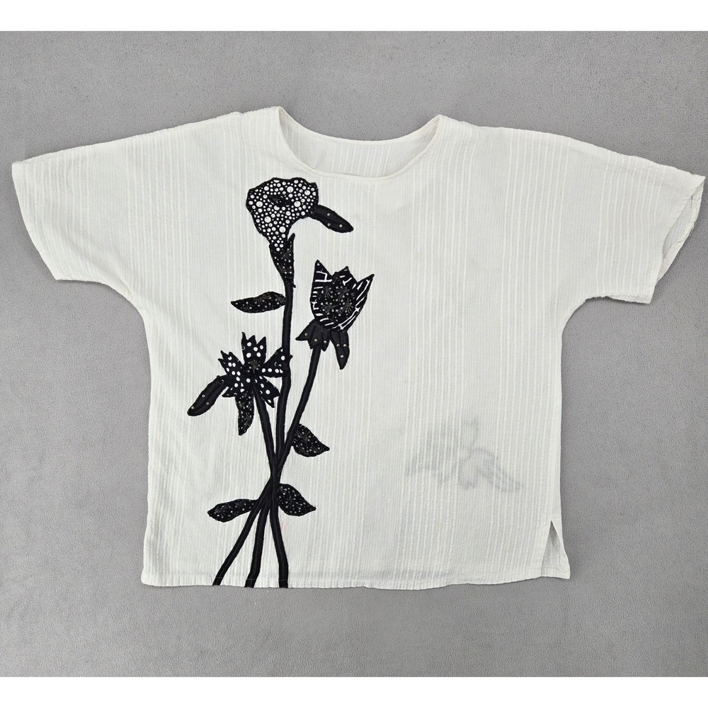 Alfredo's Wife Women MEDIUM White Floral Applique Art to Wear Gauze Boxy Top